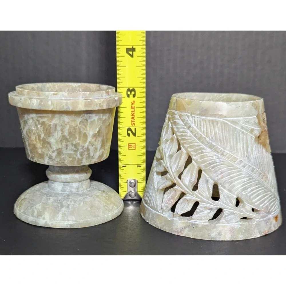 Carved Stone Tealight/Votive Candle Holder and Shade Tones‎ of Yellow & Green 6